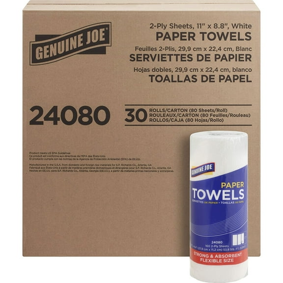 Genuine Joe Paper Towels - 2 Ply - 11" X 4.40" - 160 Sheets/roll - White - Flexible, Perforated, Absorbent, Soft - For Kitchen, Multipurpose - 30 / Carton