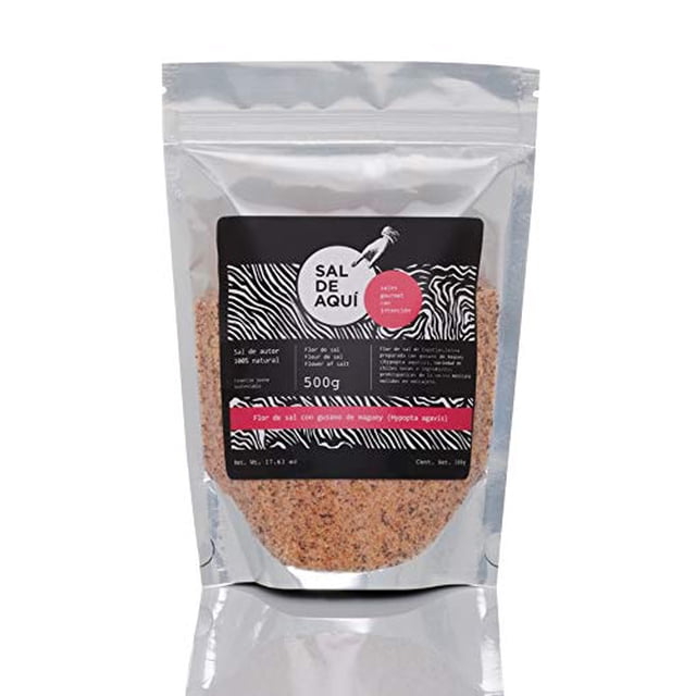 SAL DE AQUÍ - Flor de Sal con Gusano de Maguey - Bolsa de 500 g - Ideal para Mezcal y sazonar alimentos - Contiene 30% menos sodio que la sal común