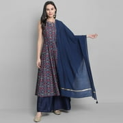 Janasya Indian Keyhole Neck Sleeveless Embroidered Blue Poly Muslin Kurta With Palazzo and Dupatta For Women