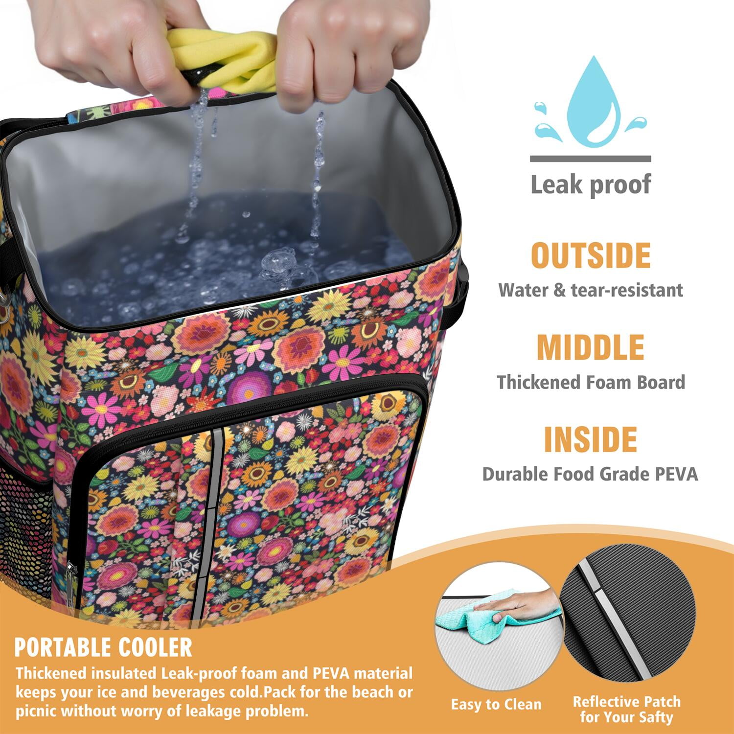 Travel Cooler Bag - Pioneer Flower Floral Print Pattern Camping Beer Cooler Backpack with Bottle Opener- Waterproof Insulated Picnic Backpacks - Cooler Bag for Beach