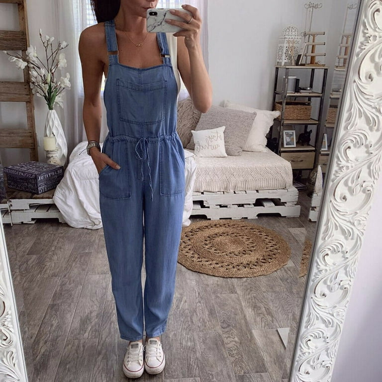 Women's Casual Stretch Adjustable Denim Bib Overalls Drawstring Waist Loose  Jeans Jumpsuits Rompers with Pockets 