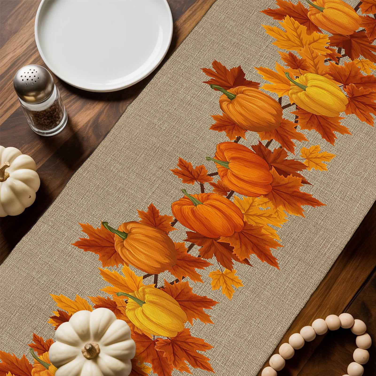 Fall Thanksgiving Cotton Linen Table Runner, Washable Table Runners for Kitchen, Dining Room, Holiday, Home Party Table Decor, 13x120 Inches