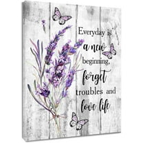 Lavender Flower Wall Art Purple Butterfly with Floral on Plank Canvas Wall Art for Bedroom Funny Inspirational Painting Wood Framed Prints Wall Decor for Living Room Bathroom,12x16 inches