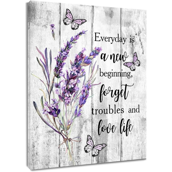 Lavender Flower Wall Art Purple Butterfly with Floral on Plank Canvas Wall Art for Bedroom Funny Inspirational Painting Wood Framed Prints Wall Decor for Living Room Bathroom,12x16 inches