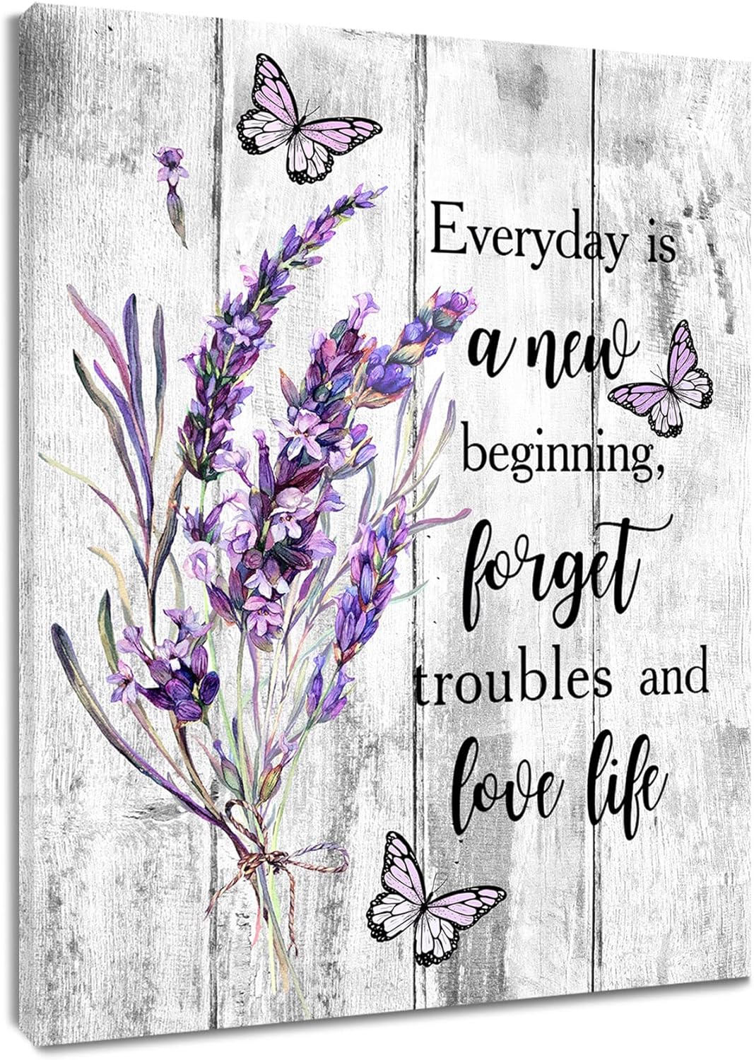 Lavender Flower Wall Art Purple Butterfly with Floral on Plank Canvas Wall Art for Bedroom Funny Inspirational Painting Wood Framed Prints Wall Decor for Living Room Bathroom,12x16 inches