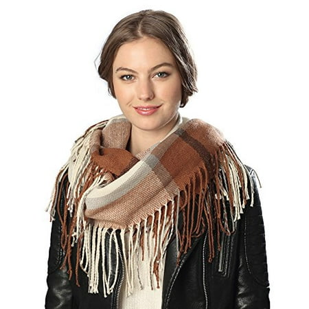 Sassy Scarves Womens Plaid Infinity Scarf with Fringes (Beige)
