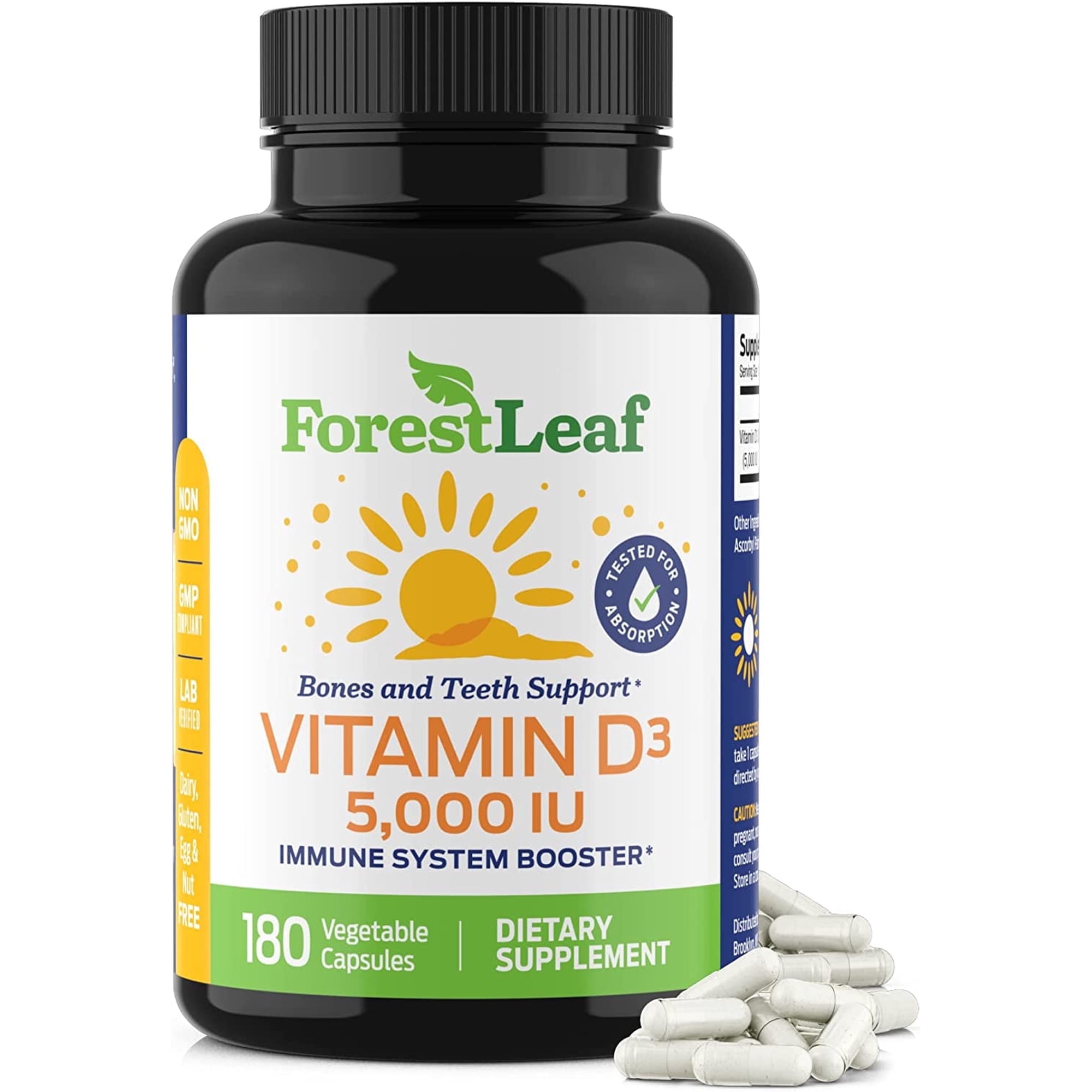Forest Leaf 5000IU Vitamin D3 Bone Strength & Immune Support Supplement, 180 Capsules