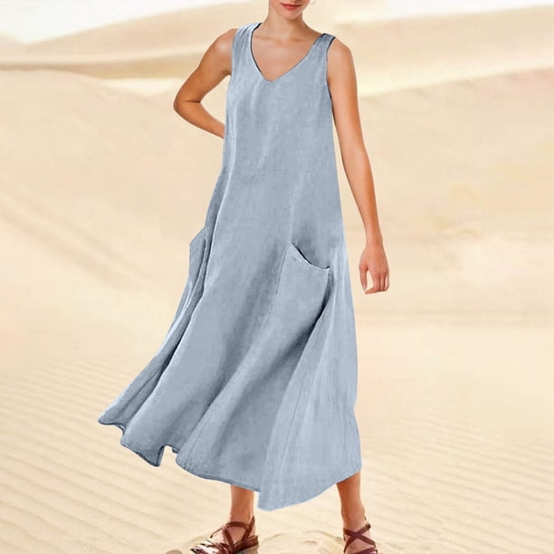 WILLBEST Vestido Corto De Verano Para Mujer, Color Liso, Sin Mangas, Cuello En V, Elegante, Holgado, Informal, Largo, Con Bolsillos, Cómodo Y Elegante Para Uso Diario.