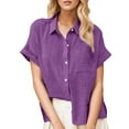 thumbnail image 2 of Summer Polyester Short Sleeve Dress Shirts for Women Purple Workwear Work New Ladies Loose Blouses Cotton And Lapel Rolled Button Shirt Tee XXL, 2 of 5