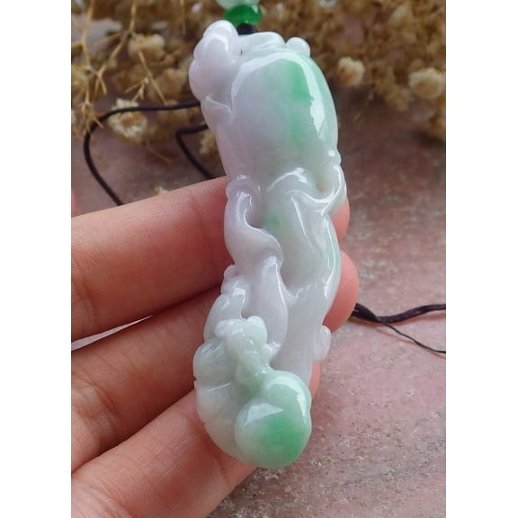 Certified Green Burma 100% Natural A Jade jadeite Pendant Bat Ruyi Ginseng Necklace 660489 TN