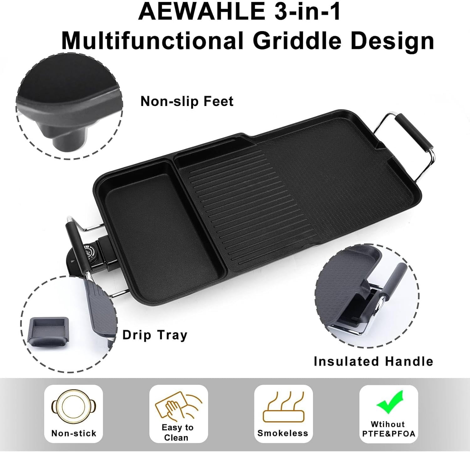 3-in-1 Electric Nonstick Griddle Grill 1800W, Teppanyaki Grill with Removable Temperature Control & Drip Tray for Pancakes Burgers Eggs, 22"x 10.5"