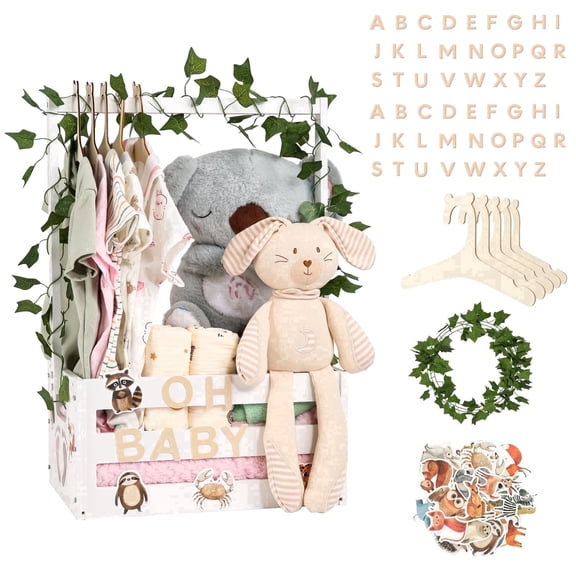 Tesabmi Baby Shower Crate Closet, Personalized Wooden Baby Shower Gift Basket with Custom Name Letters, Clothes Hangers and Vine, White