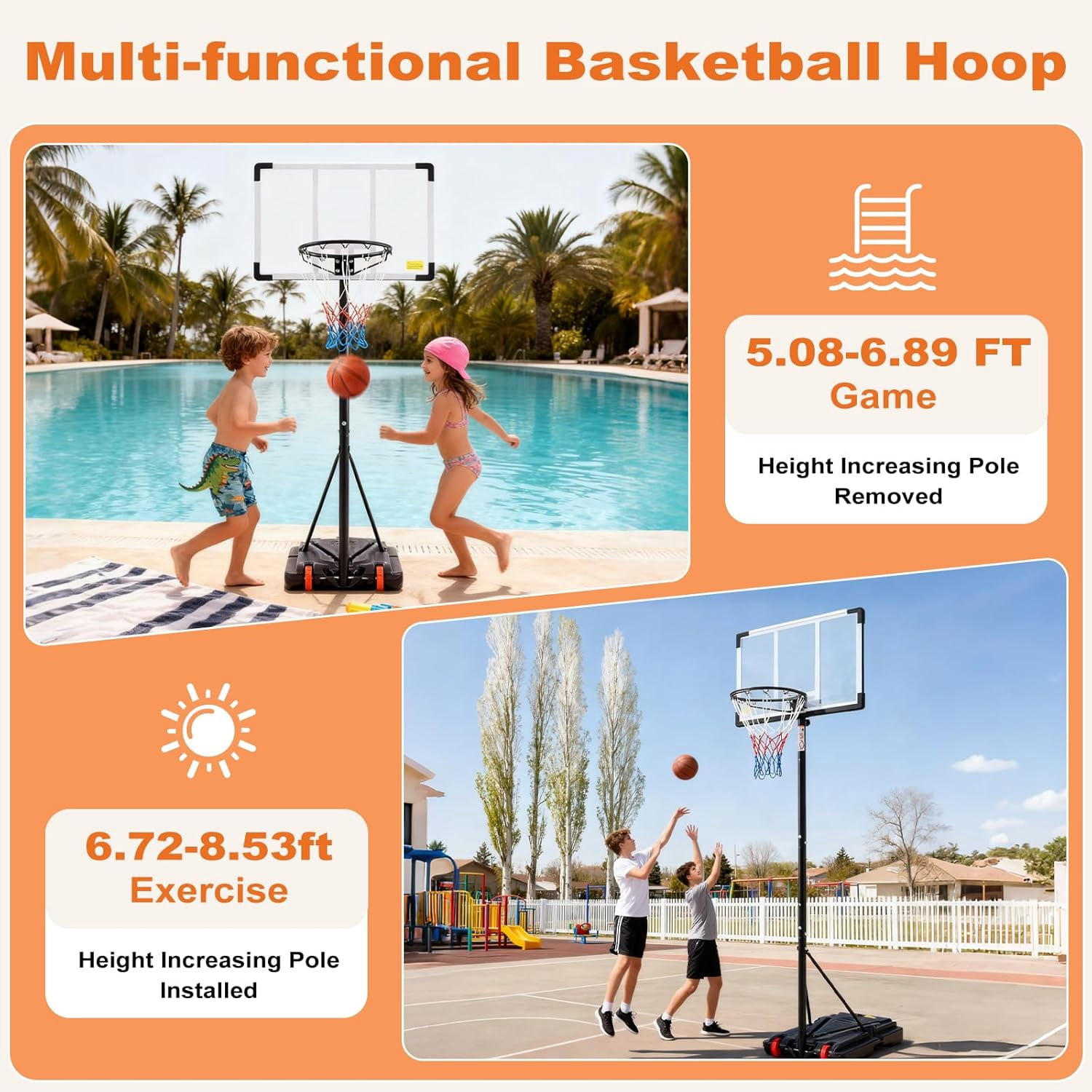 Portable Basketball Hoop Outdoor, Adjustable Basketball Hoops Goal System Shatterproof Backboard, Shock Absorbent Rim, Fillable Base for Swimming Pool/Backyard/Driveway