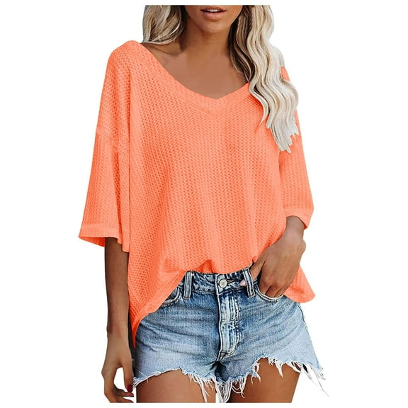WENWU Women's V Neck Batwing Half Sleeved Shirt Knit Loose Shirt Solid Color Top Cute Workout T Shirts Top Women Loose