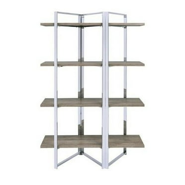 Benzara BM196196 Geometric Metal Framed Bookshelf with Four Open Wooden Shelves, Brown & Silver