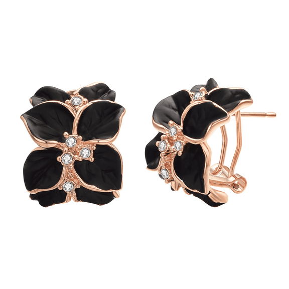 Yoursfs Vintage Black Flower Clip on Stud Earrings for Women Gold Plated Unique Enamel Flower Piercing Earrings Hypoallergenic Jewelry