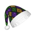 thumbnail image 2 of KLL Christmas Hats for Adults Plush Mardi Gras Shiny Green Purple Print Santa Hat Xmas Fluffy Santa Claus Hat for Women Men, 2 of 6
