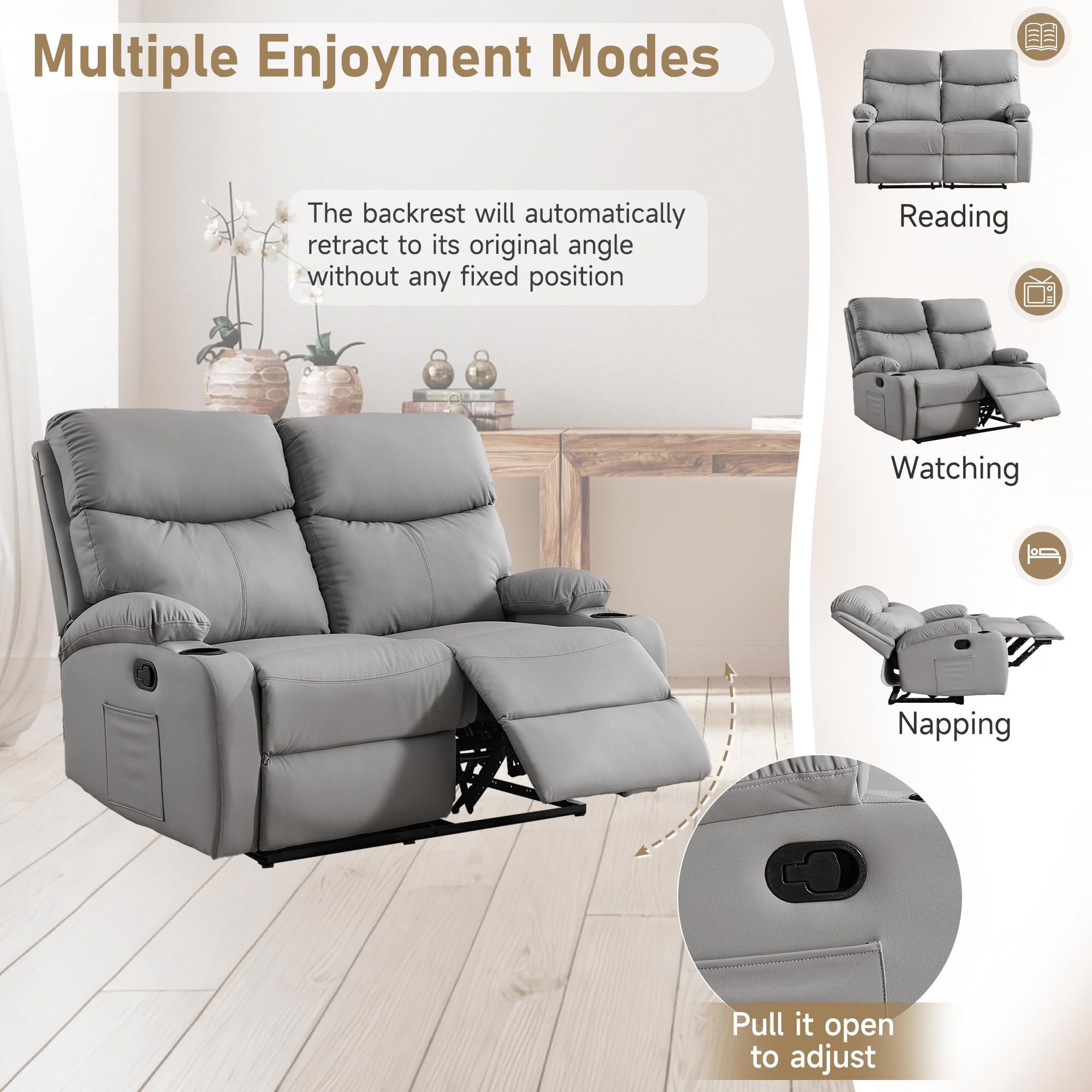 2-Seater Faux Leather Double Recliner Couch with Storage Pockets for Couples Movie Nights Light Grey Reclining Loveseat Sofa Cozy Living Rooms