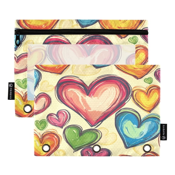 2 Pack 3 Ring Binder Pouch with Clear PVC Window Water Resistant Zipper Pencil Pouch Colorful Hearts Pattern Binder Pocket for Classroom Office Home Stationery Organization