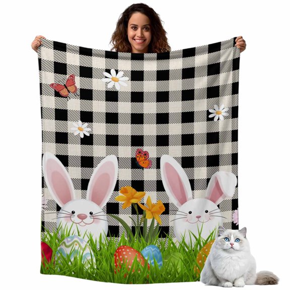 Throw Blanket for Couch, Easter Rabbit Egg Soft Cozy Warm Flannel Blanket 30x40in, Pastoral Flower Butterfly Black Checkered Lightweight Fleece Throw Blankets for Sofa Bedroom Office All Season Use