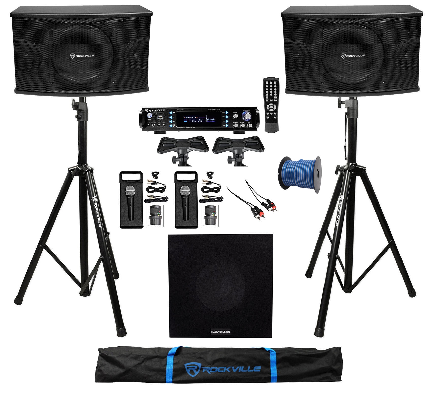 (2) Rockville 1200w Karaoke Speakers+Bluetooth Amp+Stands+(2) Mics+10