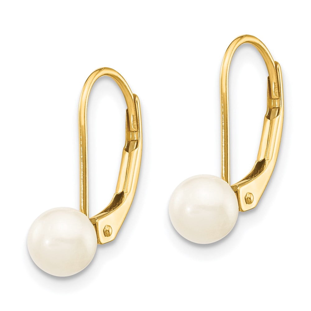 Real 14kt Yellow Gold 5-6mm White Round Saltwater Akoya Cultured Pearl Leverback Earrings; for Adults and Teens; for Women and Men