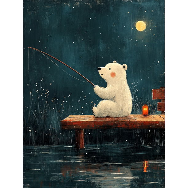 Qisvanset 12x16 Inch Polar Bear Fishing Canvas Wall Art, Ocean Animal Playroom Bedroom Birthday Decor