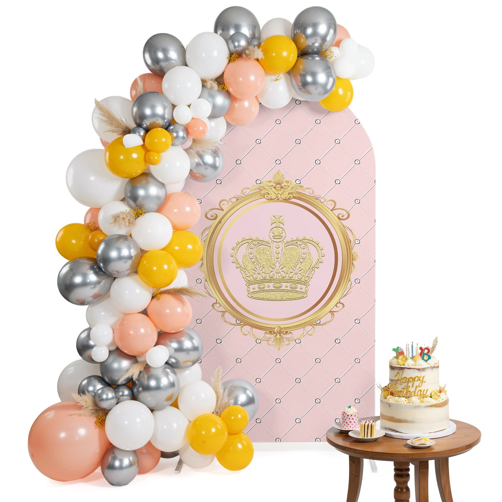 Gold Crown Arch Backdrop Cover 7.2 Ft Net Texture Pink Background Gradient Spandex Fitted Stretchy Arch Cover, Round Top Chiara Backdrop Cover for Wedding Birthday Baby Shower
