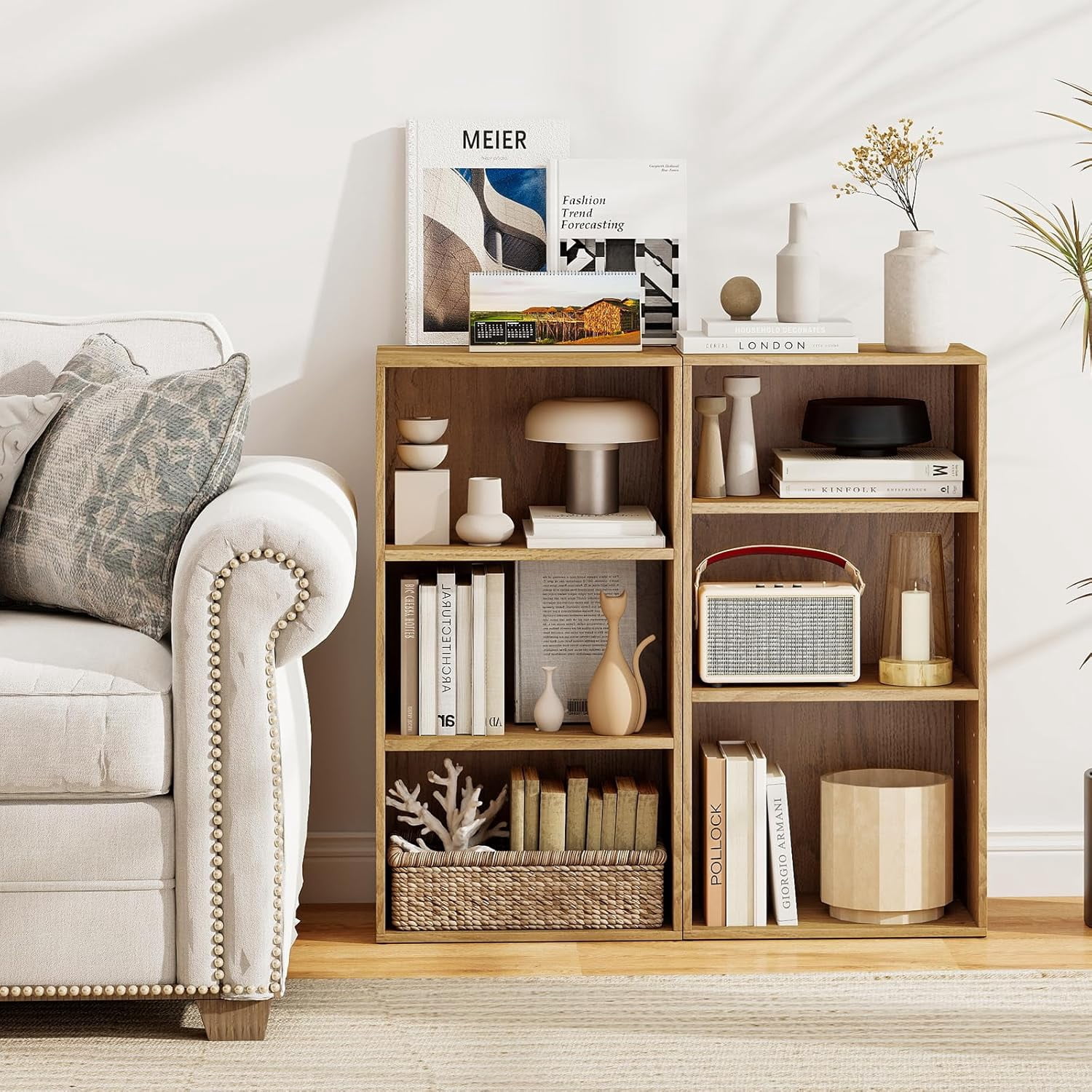 LOKO 3-Tier Cube Bookcase, Modern Open Bookshelf with Adjustable Shelves, Floor Standing Cubby Display Cabinet, Wooden Modular Storage Organizer for Living Room, Study, Home Office (1, Natural)