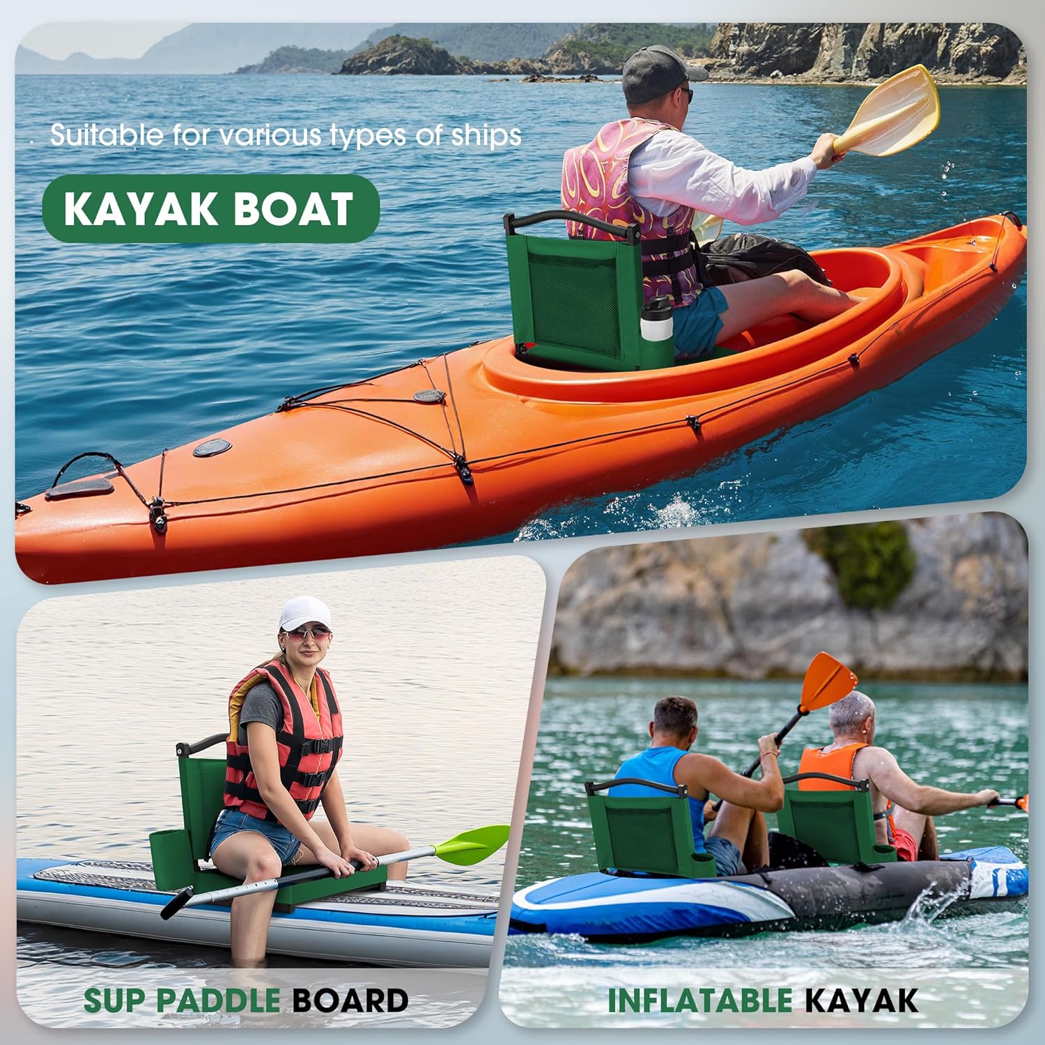 Kayak Seats with Back Support & Adjustable Shoulder Straps - Universal Padded Kayak Seat Cushion & Paddle Board Seat for SUP, Canoe, Fishing Boats (Hunter Green)