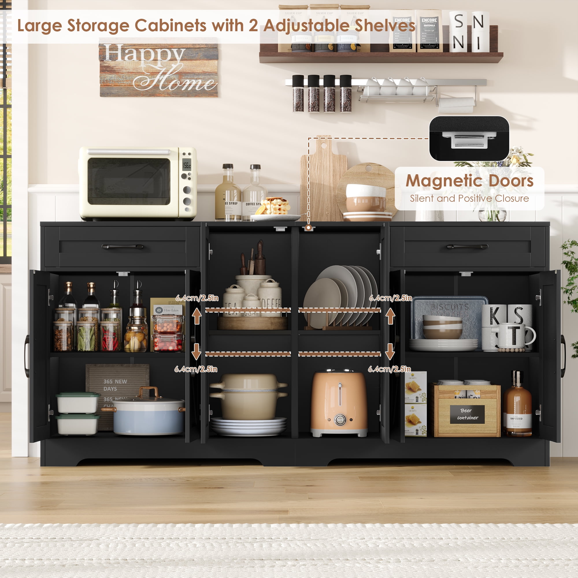 Homfa 6-Doors Farmhouse Sideboard with 2-Drawers, 70.8" W Buffet Cabinet with Adjustable Shelves for Kitchen Dining Room, Black