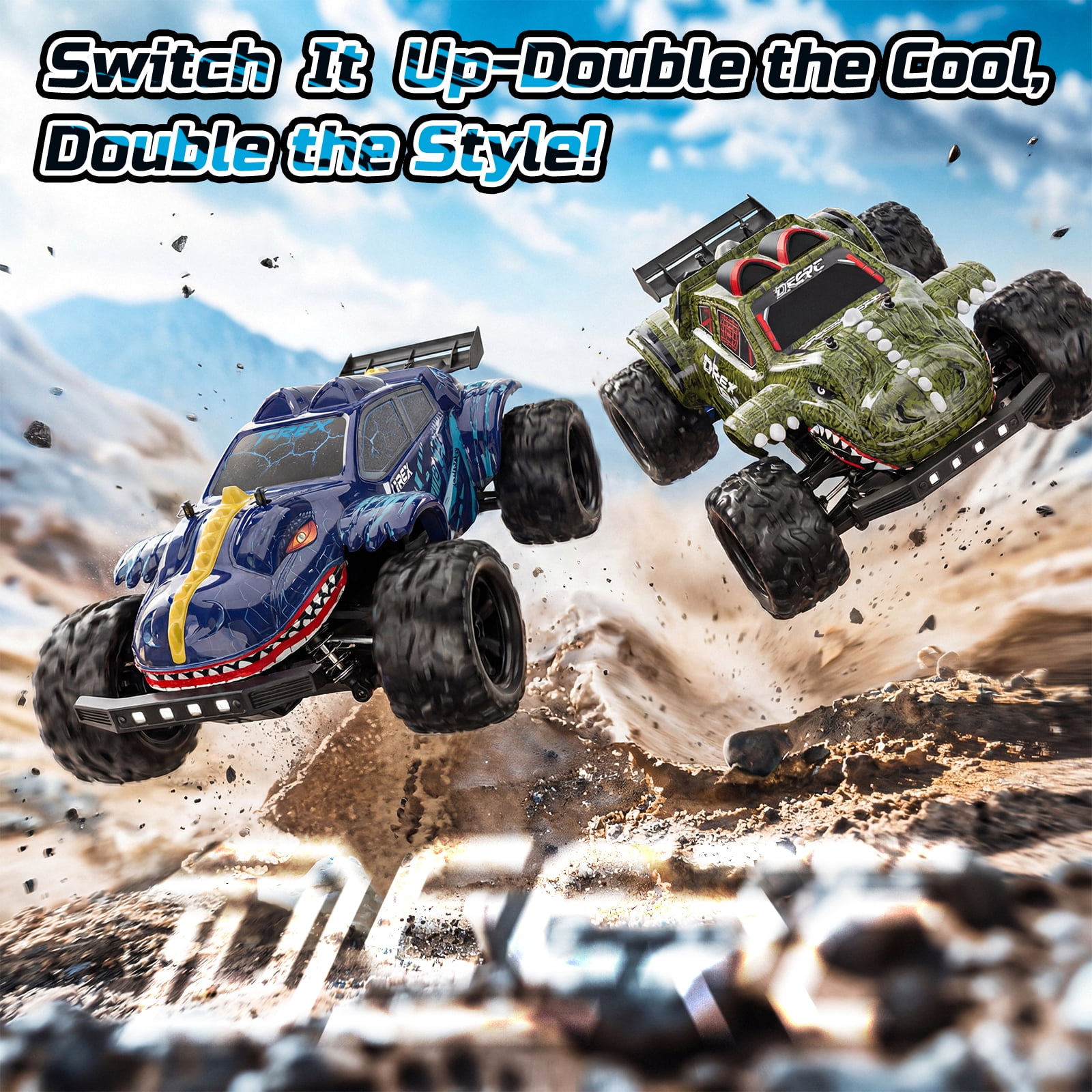 DEERC 9308E 1:16 Fast RC Cars for Boys Age 8-12 RC Monster Truck 40 KPH,All Terrain 4WD High Speed Dinosaur Truck 2 Car Shell,2.4Ghz Off-Road Remote Control Cars with 2 Batteries, Toy Gift for Kids