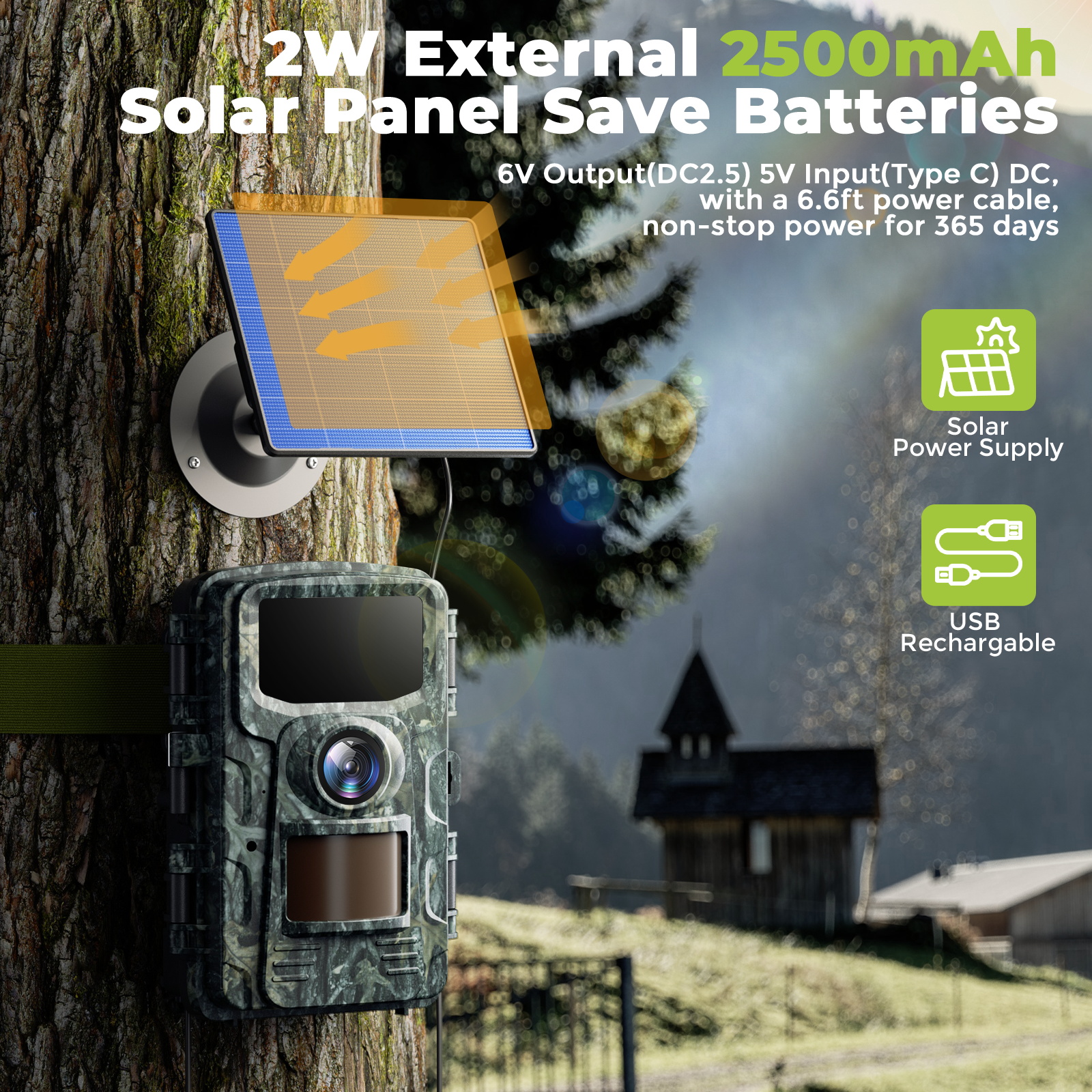 CAMPARK Trail Camera Solar Panel with Built-in Lithium-in 2500mAh Rechargeable Battery Waterproof IP66