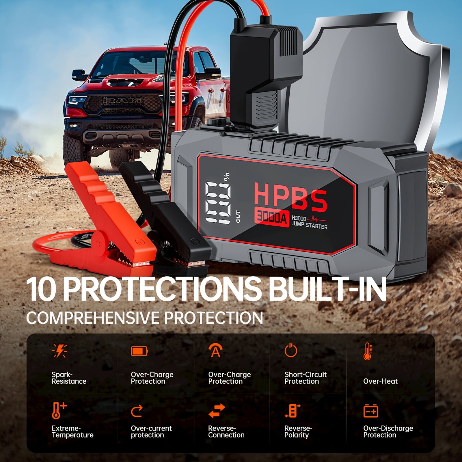 Portable 3000A Peak Car Jump Starter for 12V Dead Batteries, 20000mAh Power Bank with LED Display, Flashlight for Gas/Diesel Engines, Practical Gift