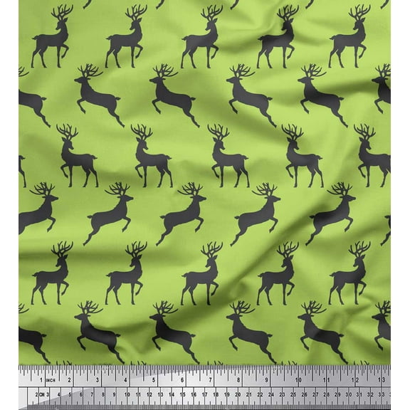 Soimoi Green Poly Georgette Fabric Stencil Reindeer Animal Decor Fabric Printed Yard 42 Inch Wide