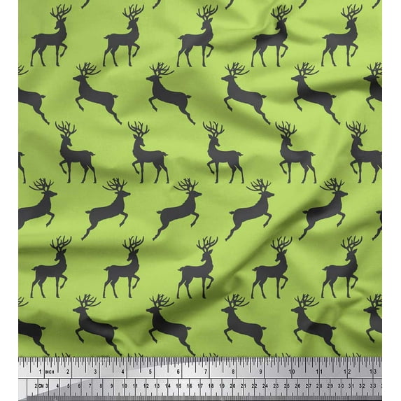 Soimoi Green Georgette Viscose Fabric Stencil Reindeer Animal Printed Fabric 1 Yard 42 Inch Wide