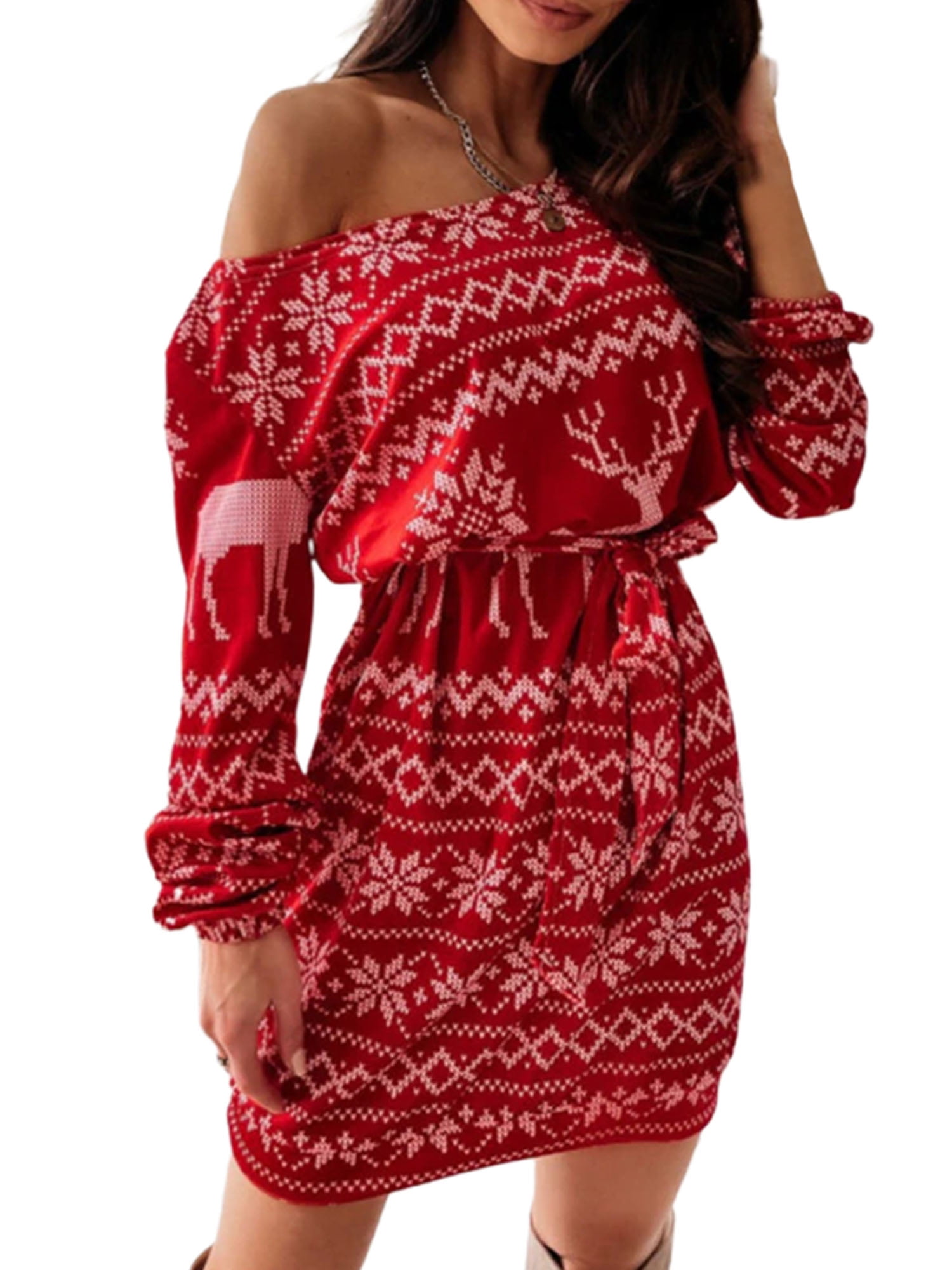 Women Vintage Christmas Star Elk Printed Long Sleeve Mesh Party Princess Dress Women Vintage Christmas Star Elk Printed Long Sleeve Mesh Party Princess Dress