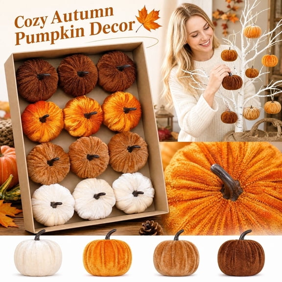 Clearance! 12 Pcs Velvet Pumpkins - Small Fabric Foam Mini Pumpkins for Fall Table Centerpiece, Halloween, Thanksgiving, Wedding Shower Home Decor