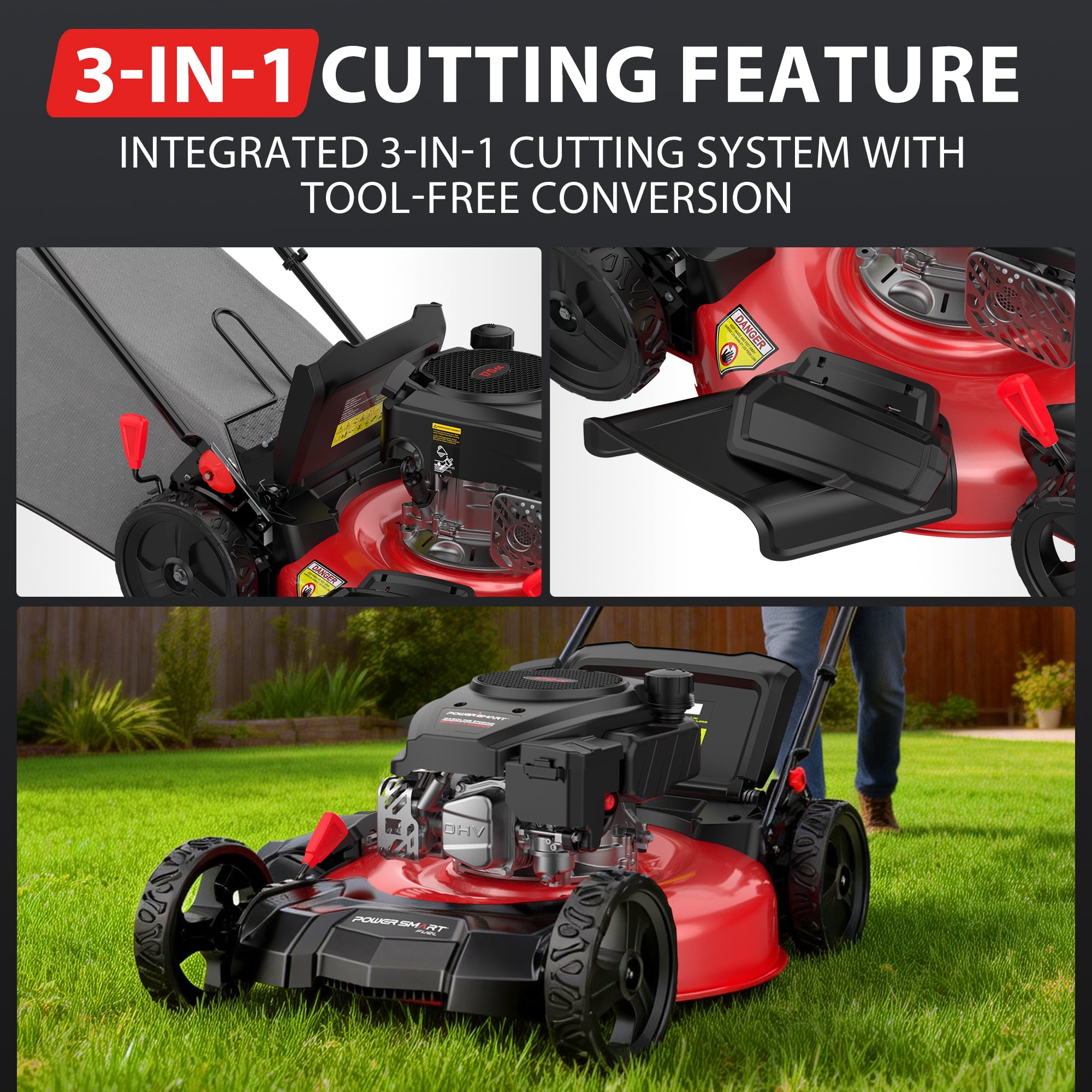 PowerSmart 21-Inch 3-in-1 Gas Lawn Mower, 6-Height Adjustment, 22in Cutting Deck for Small to Medium Yards