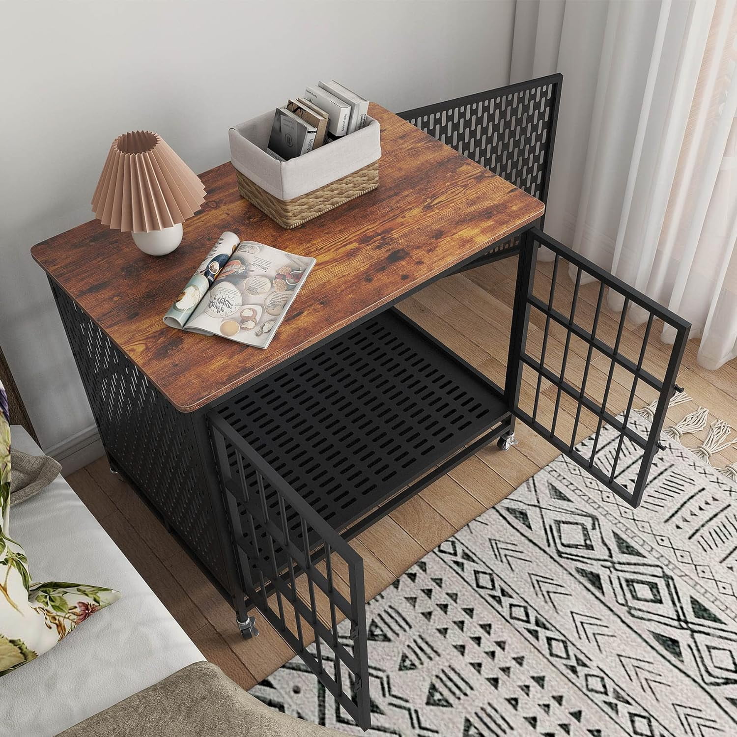 Frmobepts Dog Crate Furniture, 42'' Large Wooden Indoor Dog Cage Table with Sliding & Lockable Doors for Medium Dogs, Retro