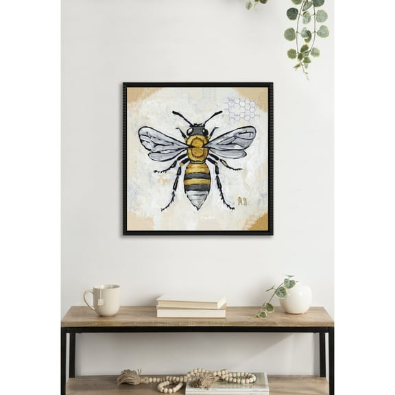 Kate and Laurel Sylvie Beaded Honeycomb Vintage Framed Canvas Wall Art by Mackenzie Nelson, 22x22 Beaded Black, Cute Honey Bee Art for Wall