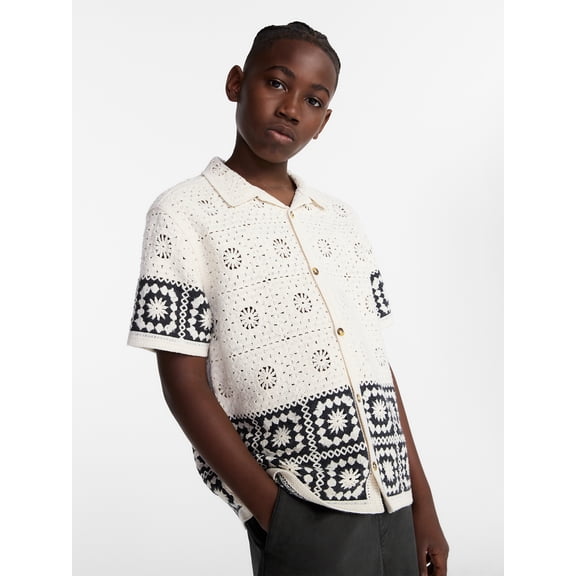 Weekend Academy Boys Crochet Button Shirt with Short Sleeves, Sizes 4-18
