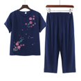 thumbnail image 3 of JFGHDG Womens Lounge 2 Piece Outfits Short Sleeve Tiered Tops Floral Print Wide Leg Capri Pants Summer Travel Outfits Navy 4XL, 3 of 7