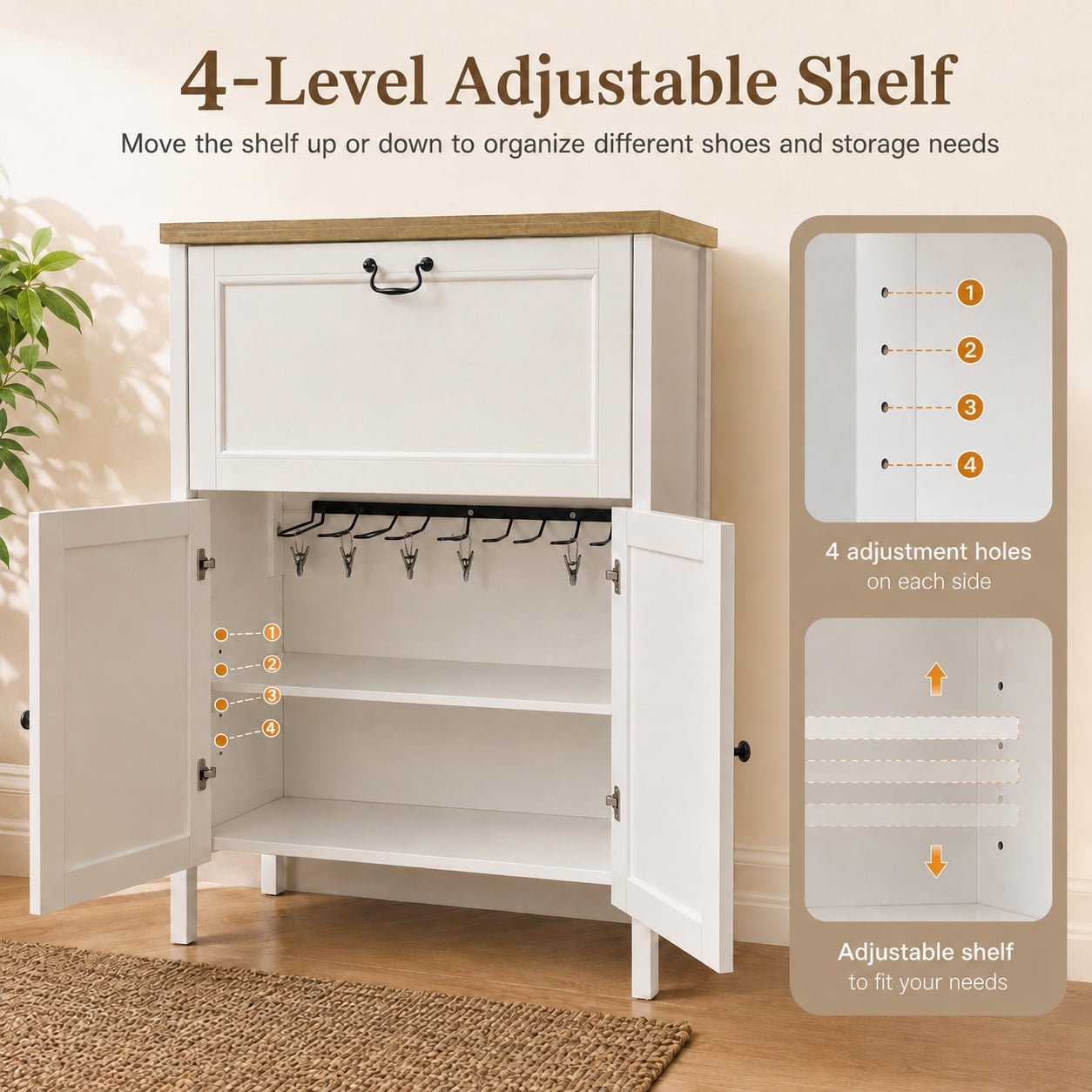 Shoe Cabinet with Flip Drawer, Boot Rack and 6 Boot Clips, Narrow Entryway Shoe Cabinet with Adjustable Shelf, Freestanding Shoe Organizer Cabinet for Entryway, Foyer, 31.5"W x 15.7"D x 45.3"H