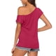 thumbnail image 3 of Camiseta informal de manga corta irregular y color liso con hombros descubiertos para mujer - Top ligero para fiestas de los 80 - Lavable a máquina y corte clásico, 3 of 7