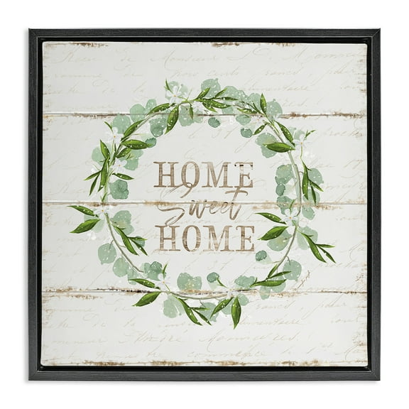 Stupell Industries Sweet Home Eucalyptus Wreath Typography Painting Black Floater Framed Canvas Art Print Wall Art, 18 x 18