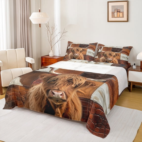 Homewish Kawaii Highland Cattle Twin Sheet Sets,Rustic Cow Hide Twin Fitted Sheet,Brown Patchwork Cattle Hide 03 For Teens,Luxury Bedroom Decor,3pcs
