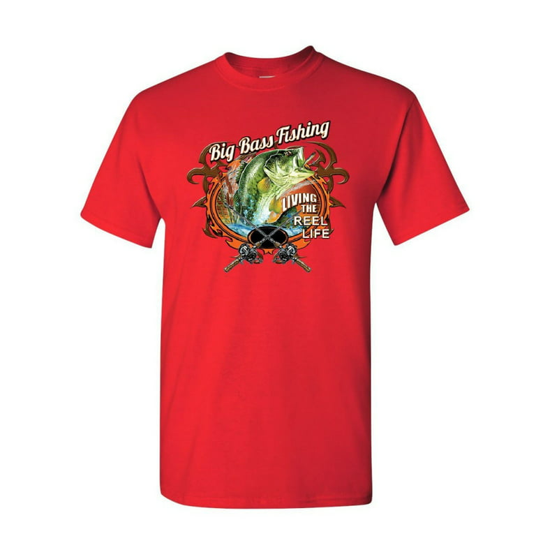 Tee Hunt Big Bass Fishing T-Shirt Living The Reel Life Fisherman Spinning  Mens Shirt, Red, 4X-Large 