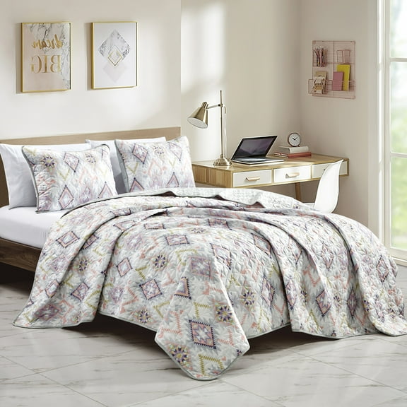 Evjk 3-Piece Decorative Lightweight Bedspread Set – Reversible, Microfiber with Minimalist Print, QUEEN