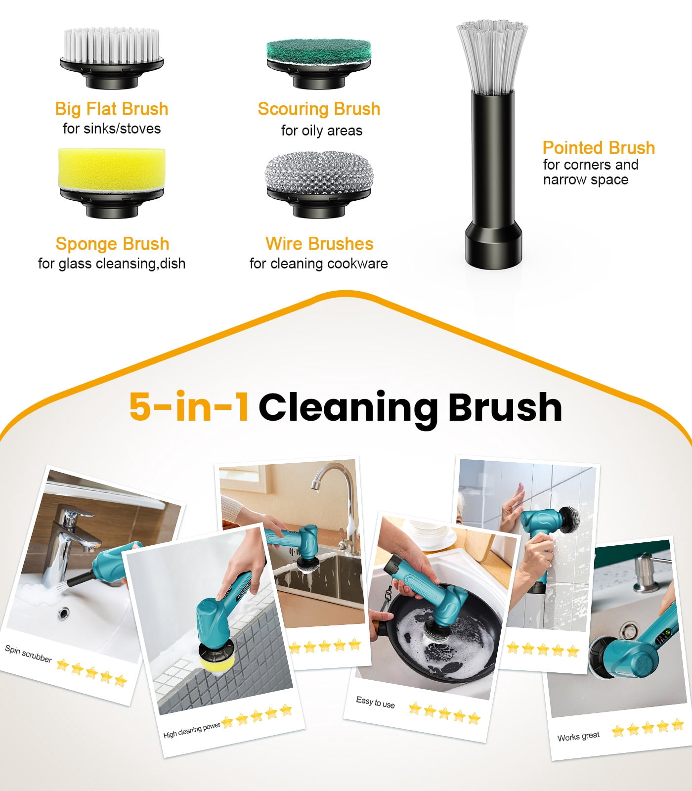 Amiluo Electric Spin Scrubber, 5000 mAh Battery Cordless Handheld Cleaning Brush, 3 Speeds Power Scrubber with 5 Replaceable Heads & Display for Bathroom/Shower/Sink/Tub, A3/Blue